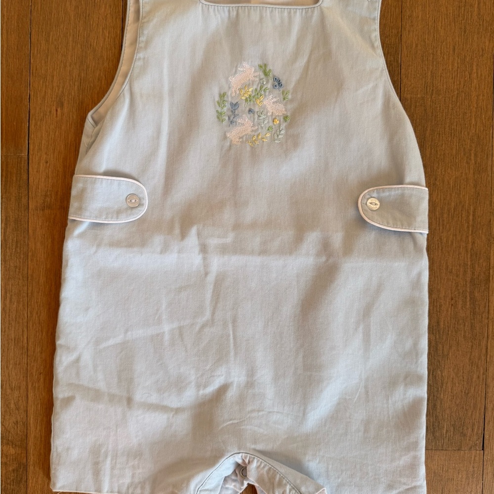 Little English Light Blue Baby Romper with Floral Bunny Embroidery